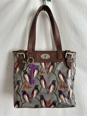 Fossil Key-Per Bird Print Tote Shoulder Bag Brown Leather Canvas Y2K Key Charm